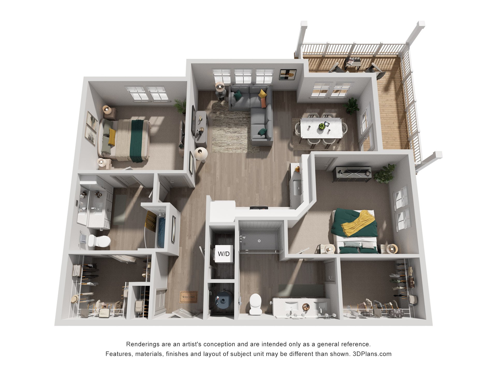 Floor plan for 2 beds, 2 baths, 1269 sqft